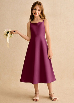 Azazie Jaella Girls Formal Blomsterpigekjoler A-Line Plisseret Mat satin Te-længde Kjole image2