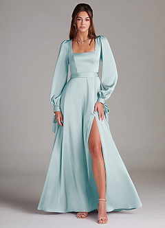 Azazie Leonia Bridesmaid Dresses Sea Glass A-Line Long Sleeve Stretch Satin Dress image1