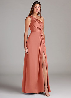 Azazie Brooke Robes de demoiselle d'honneur Robe Trapèze en Satin extensible Une épaule Rose Saumon image5