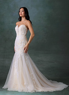 Azazie Chelley At-home Try On Dresses Diamond White Champagne Mermaid Strapless Tulle Dress image1