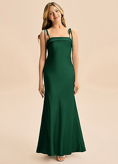 Azazie Willa Junior Dark Green A-Line Bow Stretch Satin Dress image1