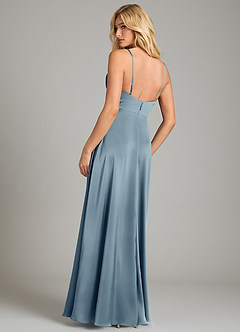 Azazie Sarella Vestidos de damas de honor Vestido de Azul Polvoriento de Satén Elástico de Corte en A con Plisado image2