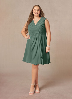 Azazie Theron At-home Try On Dresses Agave A-Line V-Neck Pleated Chiffon Dress image6