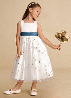 Azazie Pollie Robe Demoiselle D'honneur Fillette Robe Trapèze en Tulle Arc Ivoire Bleu Bermudes image4