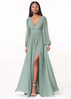 Azazie Norah Abiti da Damigella Abito A-Line in Chiffon con Maniche lunghe e Scollo a V Agave image1