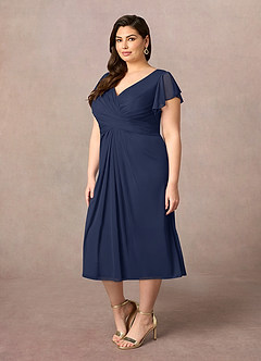 Azazie Vera Mother of the Bride Dresses Dark Navy A-Line V-Neck Pleated Mesh Dress image7