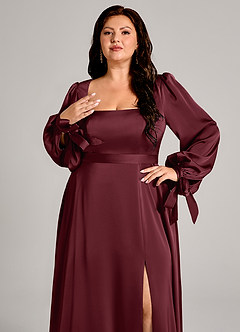 Azazie Leonia Probar vestidos en casa Vestido de Cabernet de Satén Elástico de Corte en A con Manga larga image9