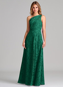 Azazie Phaedra Bridesmaid Dresses Emerald A-Line One Shoulder Floral Burnout Dress image5