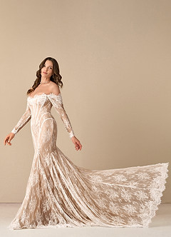 Azazie Katherine Wedding Dresses Diamond White Caramel Mermaid Off the Shoulder Tulle Dress image2