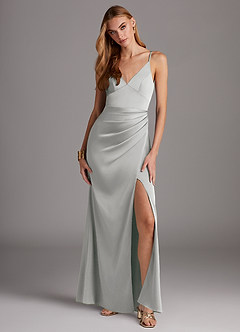 Azazie Shania Brautjungfernkleider Etui V-Hals Gefaltet Stretch-Satin Kleid Silber image1