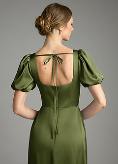 Azazie Fyona Bridesmaid Dresses Olive A-Line Pleated Stretch Satin Dress image2