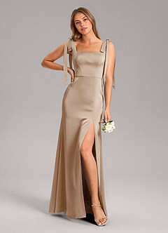 Azazie Frostine Bridesmaid Dresses Taupe A-Line Bow Stretch Satin Dress image1