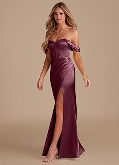 Azazie Asha Bridesmaid Dresses Cabernet Sheath Off the Shoulder Metallic Satin Dress image3