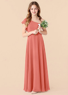 Azazie Arabella Junior Salmon Pink A-Line Ruched Chiffon Dress image3
