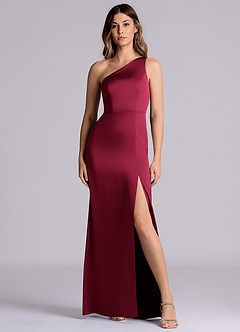 Azazie Phaedra Bridesmaid Dresses Burgundy A-Line One Shoulder Stretch Satin Dress image4