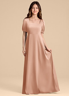 Azazie Briar Junior Vestido de Oro Rosa de Satén Elástico de Corte en A con Lazo image4