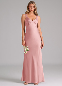 Azazie Kamila Bridesmaid Dresses Powder Pink A-Line Pleated Stretch Satin Dress image1