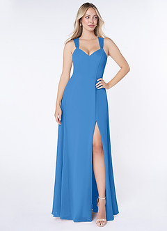 Azazie Jane Final Sale Blue Jay A-Line V-Neck Pleated Chiffon Dress image1