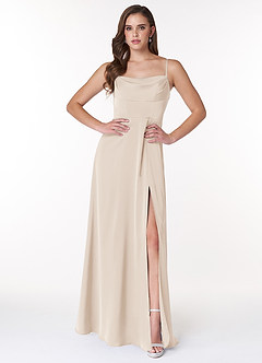 Azazie Clove Final Sale English Rose A-Line Cowl Neckline Side Slit Stretch Satin Dress image1