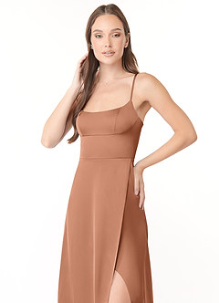 Azazie Halsey Bridesmaid Dresses Bronzer Sheath Side Slit Stretch Satin Dress image6