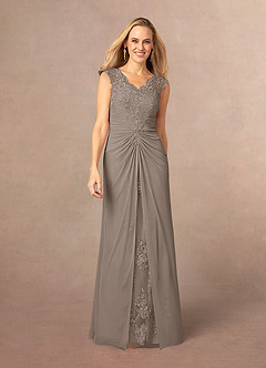 Azazie Jovie Mother of the Bride Dresses Taupe A-Line Lace Dress image1