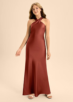 Azazie Doretta Junior A-Linie Plissee Stretch-Satin Kleid Terrakotta image4