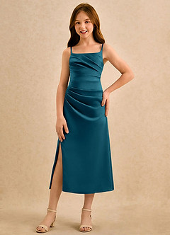 Azazie Canna Girls Formal Sukienki dla dziewczynek sypiących kwiaty Linia A Pofałdowany Satyna elastyczna Długość herbaty Sukienka image4