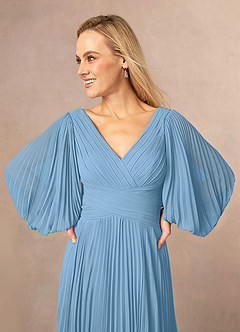 Azazie Zahara Mother of the Bride Dresses Steel Blue A-Line V-Neck Pleated Chiffon Dress image5