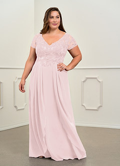Azazie Dunja Mother of the Bride Dresses Blushing Pink A-Line V-Neck Lace Chiffon Dress image9