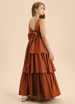 Azazie Meadowyn Junior Vestido de Naranja Quemada de Satén Elástico de Corte En A con Lazo image6