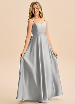 Azazie Rumi Junior Silver A-Line Pleated Stretch Satin Dress image5