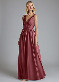 Azazie Delmie Robes de demoiselle d'honneur Robe Trapèze en Satin extensible Corset Rose Du Désert image4