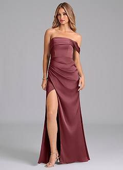 Azazie Lisbeth At-home Try On Dresses Desert Rose Mermaid Off the Shoulder Stretch Satin Convertible Dress image3
