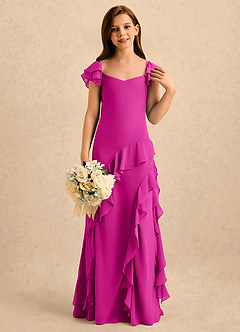 Azazie Ada Girls Formal Robe Demoiselle D'honneur Fillette Robe Fourreau en Mousseline de soie Drapé Fuchsia image4