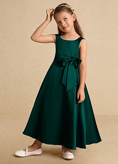 Azazie Lindy Flower Girl Dresses Pine A-Line Pleated Matte Satin Dress image4