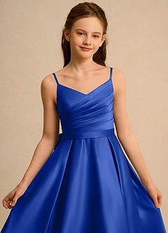 Azazie Sweets Junior Formal Flower Girl Dresses Royal Blue A-Line Pleated Matte Satin Dress image6