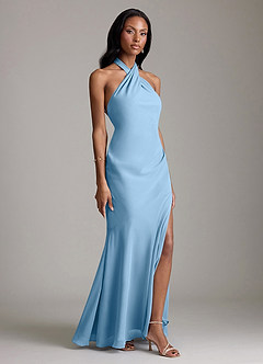 Azazie Lorena Vestidos de damas de honor Vestido de Azul Acero de Gasa de Corte Sirena con Plisado image3