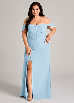 Azazie Amyra Bridesmaid Dresses Sky Blue Sheath Off the Shoulder Chiffon Convertible Dress image13