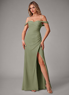 Azazie Haisley At-home Try On Dresses Agave Sheath Off the Shoulder Chiffon Convertible Dress image5