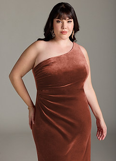 Azazie Argan Vestidos de damas de honor Vestido de Terracota de terciopelo de Corte en A con Plisado con un hombro image12