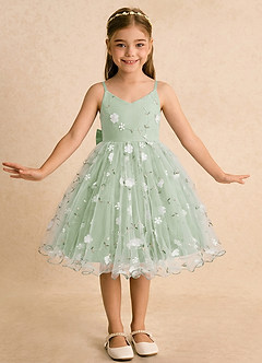 Azazie Junebug Flower Girl Dresses Dusty Sage Ball-Gown Spaghetti Strap Tulle Dress image3