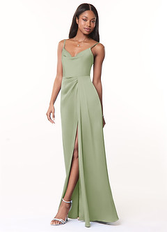 Azazie Brielle Robes de demoiselle d'honneur Robe Trapèze en Satin extensible Bretelles spaghetti Vert Sauge image3