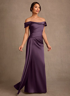 Azazie Beah Mother of the Bride Dresses Plum Sheath Off the Shoulder Stretch Satin Dress image2