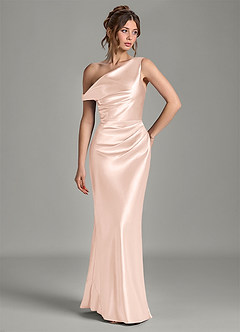 Azazie Emerson Bridesmaid Dresses Rose Gold Mermaid Off the Shoulder Metallic Satin Dress image4