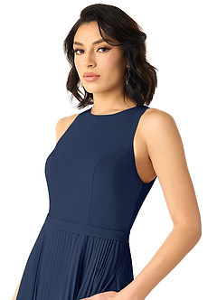 Azazie Lindie Robes de demoiselle d'honneur Robe Trapèze en Mousseline de soie Plissé à encolure dégagée Bleu Marine Foncé image4