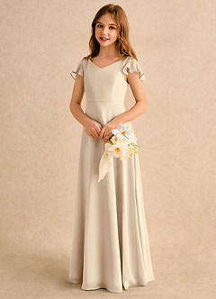 Azazie Nari Girls Formal Flower Girl Dresses Champagne A-Line with Sleeves Chiffon Dress image3
