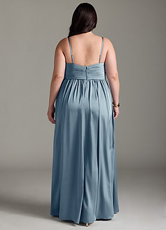 Azazie Alia Robes de demoiselle d'honneur Robe Trapèze en Satin extensible Plissée Bleu Poussiéreux image9