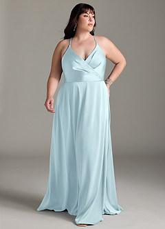 Azazie Davis Bridesmaid Dresses Cloud Blue A-Line Pleated Stretch Satin Dress image2
