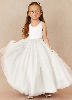 Azazie Marybell Flower Girl Dresses Ivory A-Line Bow Tulle Dress image1