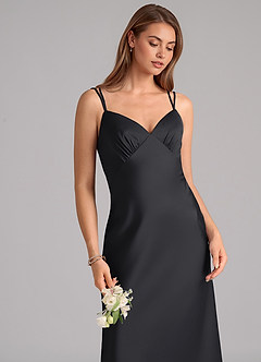 Azazie Suttona Bridesmaid Dresses Black A-Line Pleated Stretch Satin Dress image7